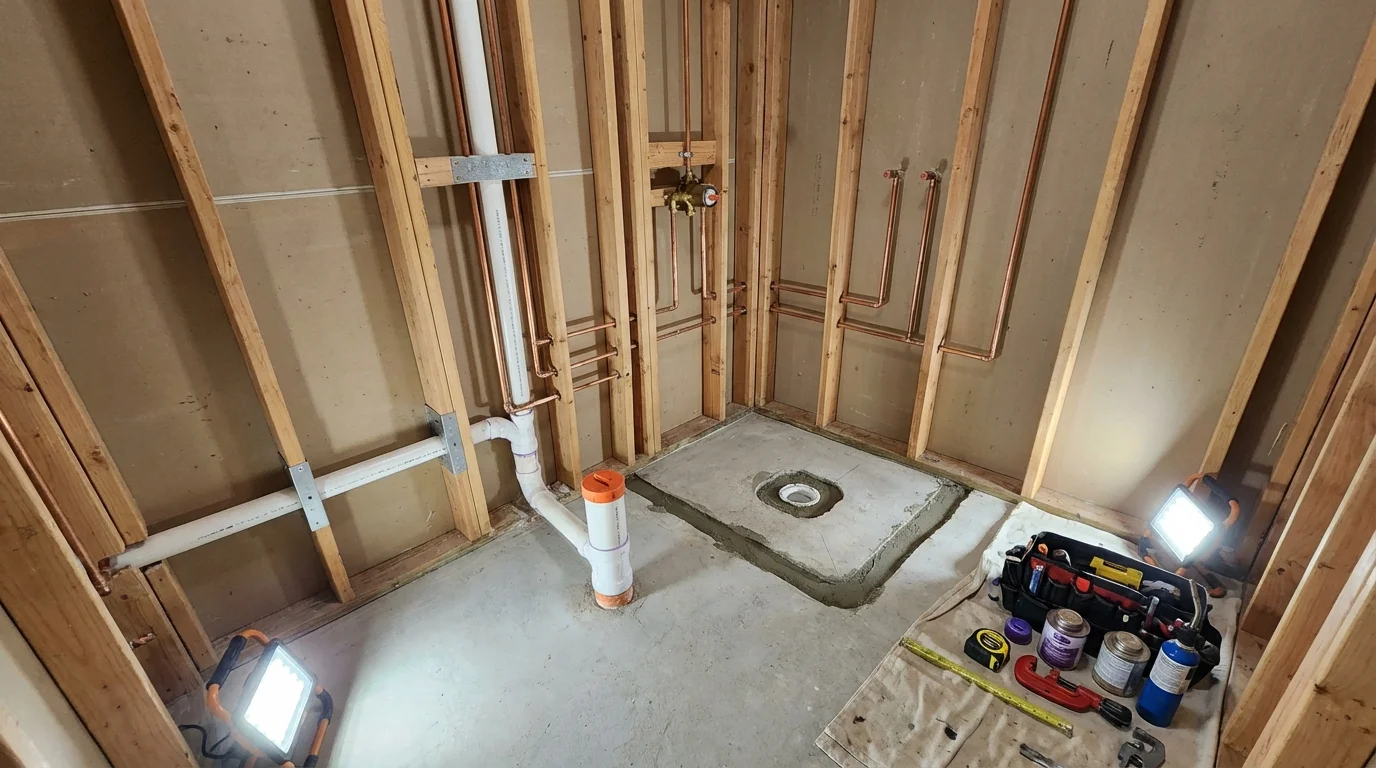 Bathroom rough-in plumbing during remodel by Johns Plumbing LLC in Grayling
