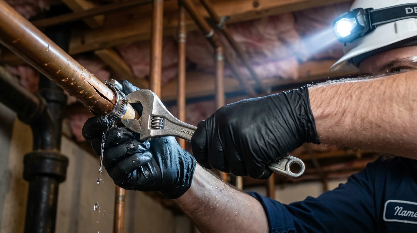 Emergency pipe clamp repair being performed by a Johns Plumbing LLC plumber in Grayling