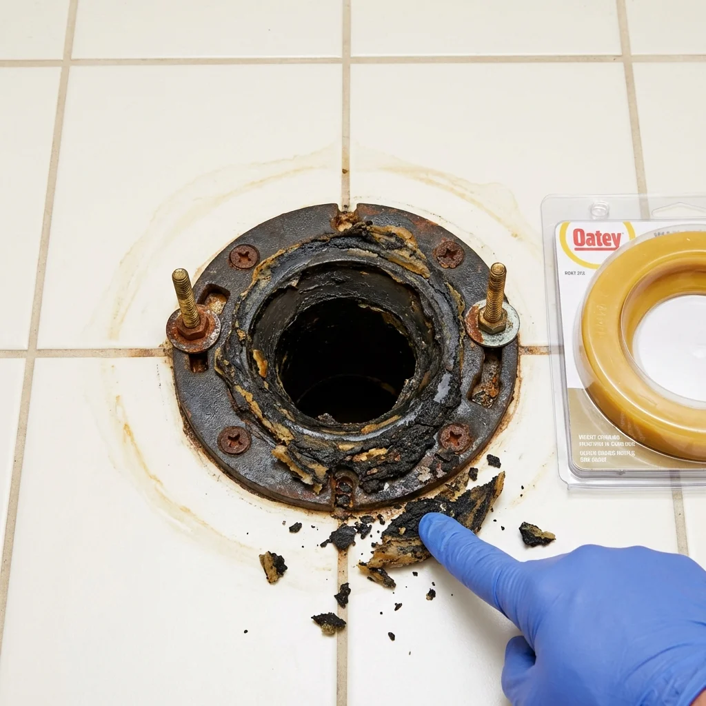 Failed wax ring showing water seepage at the base of a toilet in a Grayling, MI home