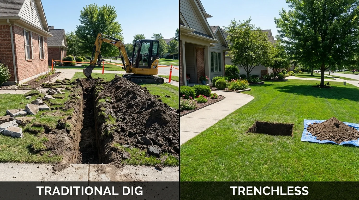 Trenchless sewer repair with minimal yard damage versus traditional excavation in Grayling, MI