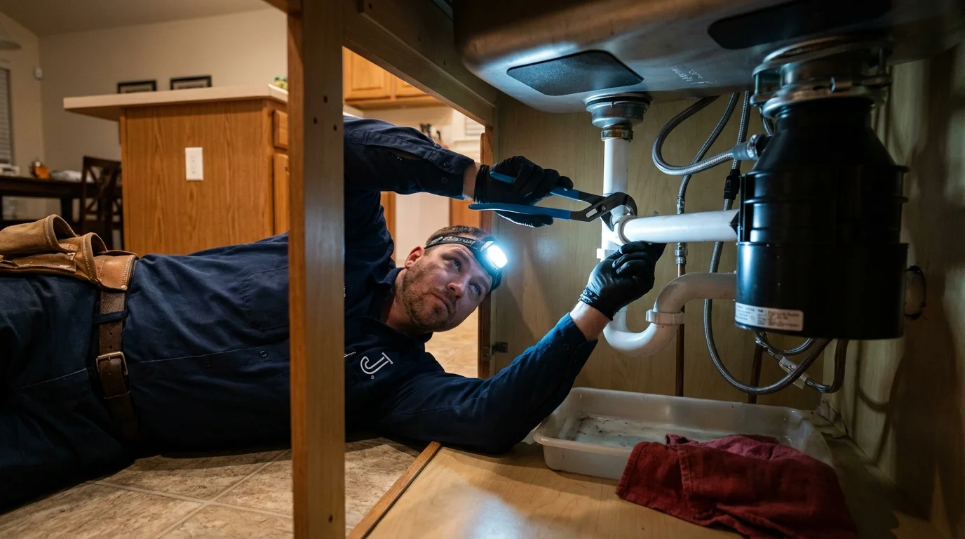 P-trap and supply line connections under a kitchen sink showing a common leak point in Grayling, MI